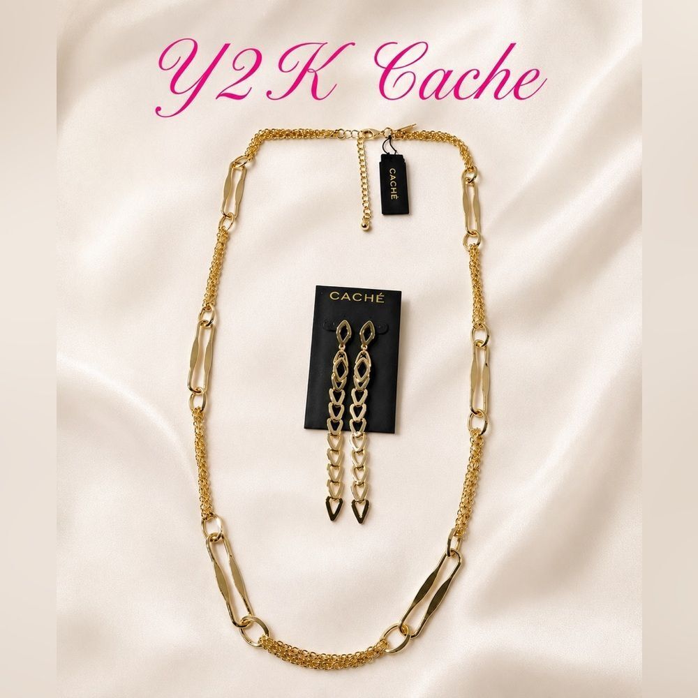 NWT *Cache* 2pc Goldtone Double Chain Link Necklace & Chain Earrings Set